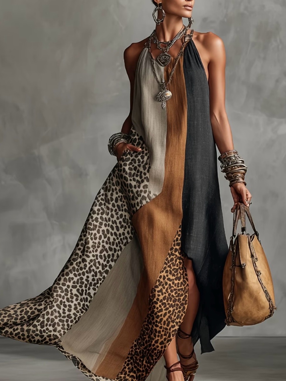 Sleeveless Colorblock Leopard-Accent Maxi Dress in Black, Brown & Cream